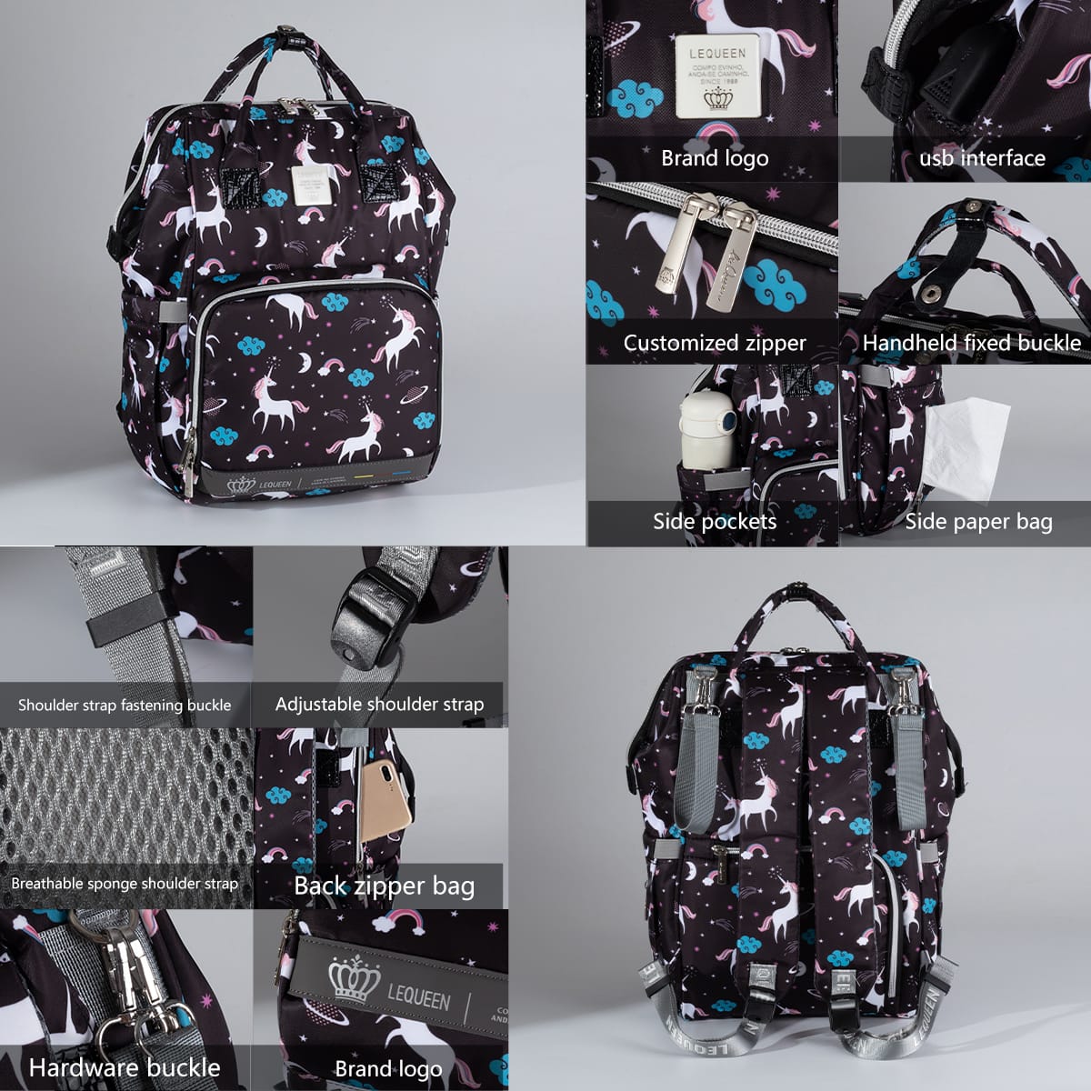Lequeen Diamond 7TH Edition Waterproof Original mommy bag Uni Black - الجيل السابع الدايموند من ليكوين image 2