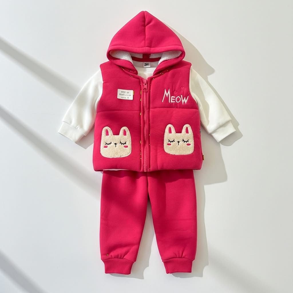 "Meow" Kitty Baby Padded Vest Outfit Set | Hooded Vest, White Long-Sleeve & Joggers | Winter/Fall Warmth