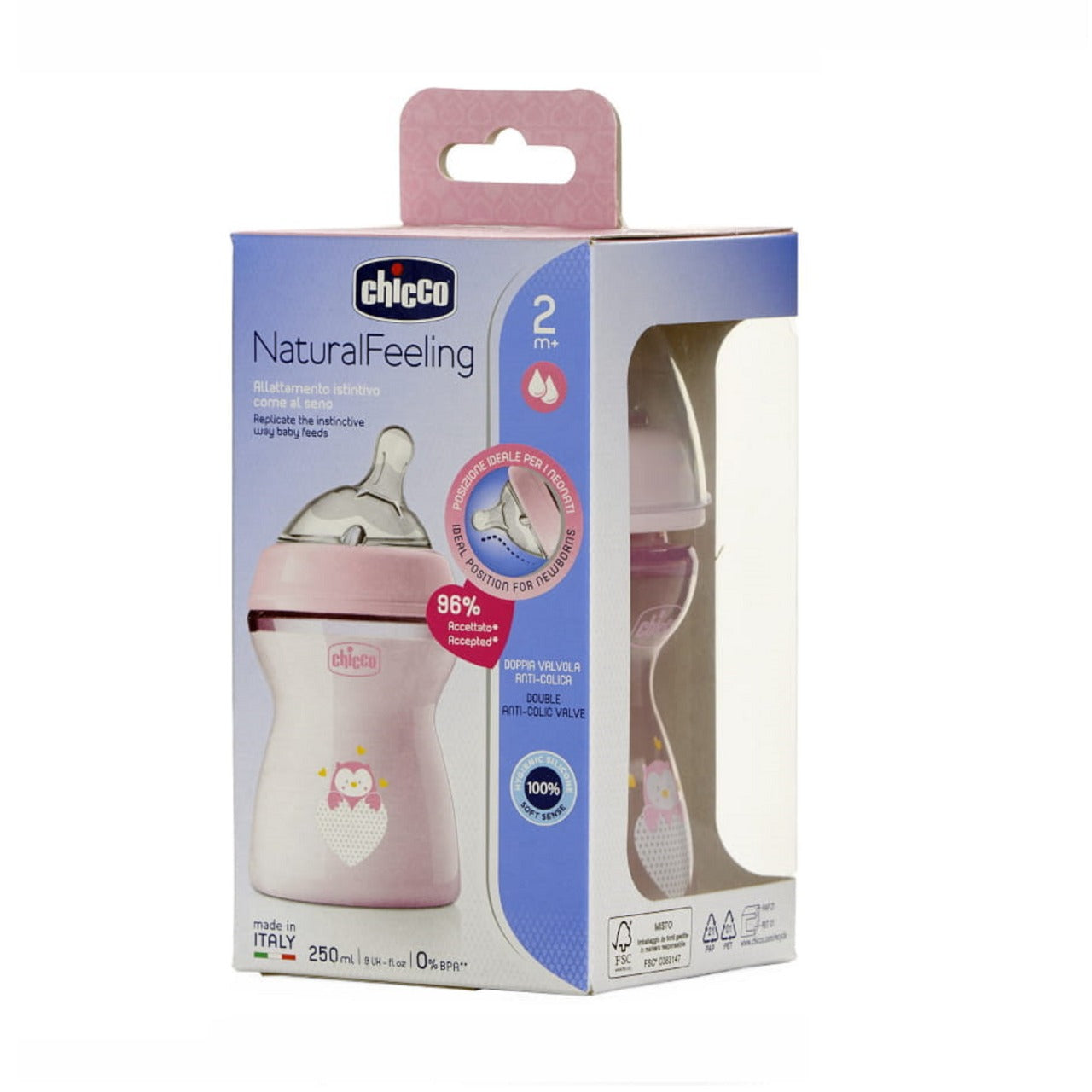 Chicco Natural Filling Plastic Bottle 250 Ml + 2 Months Transparent Rose image 3