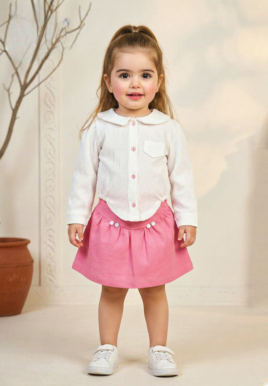 طقم فتيات أنيق: بلوزة بيضاء مُنسوجة بياقة دائرية مع تنورة وردية