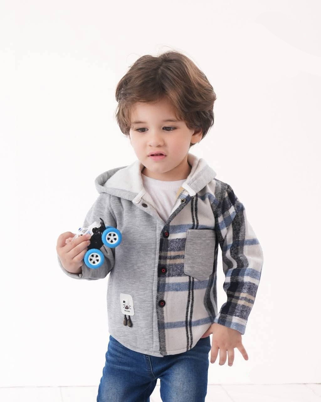 Boys Cozy Plaid Flannel Hooded Shirt with Bear Patch