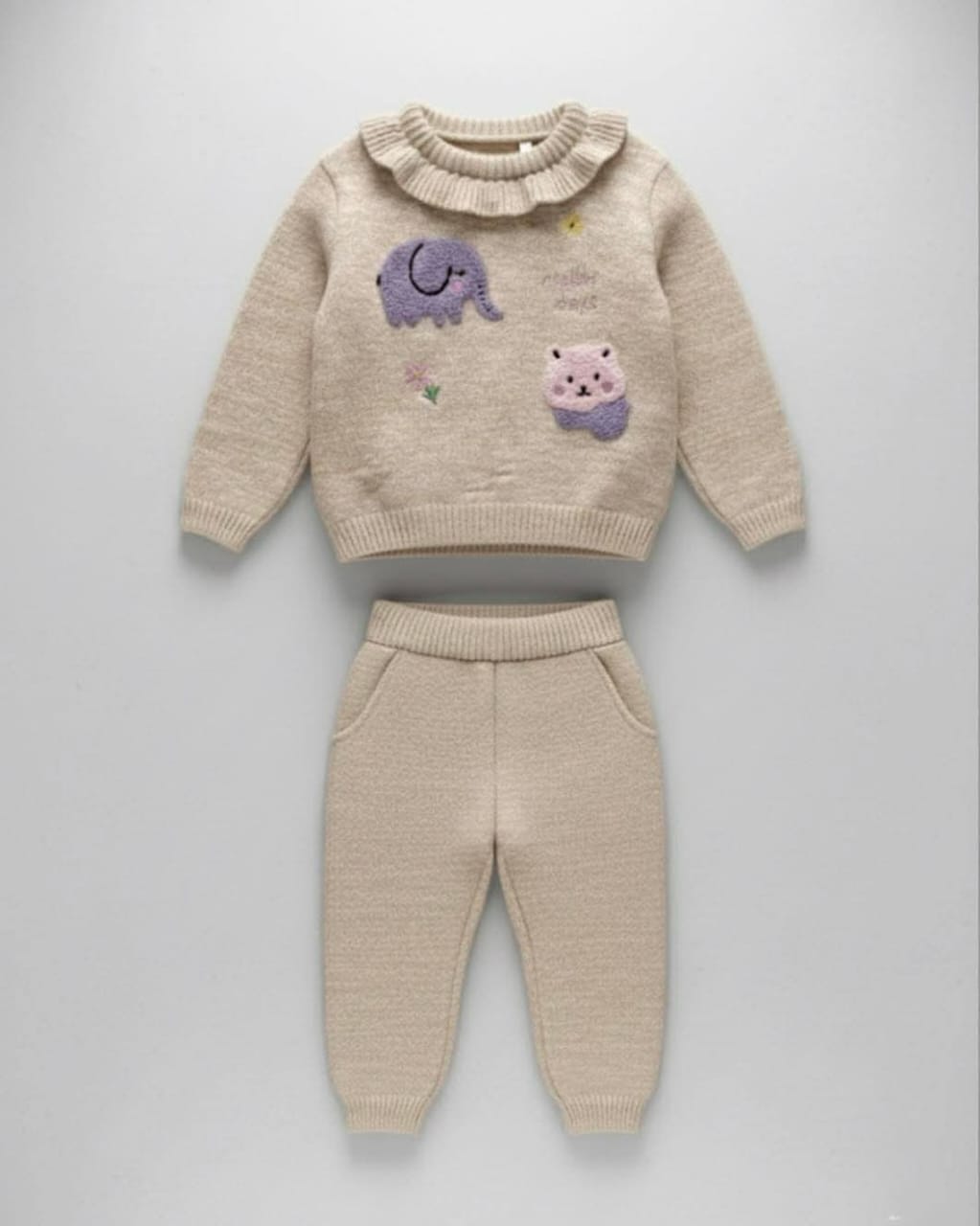 Toddler Knitted Ruffle Sweater & Pants Set with Elephant Embroidery