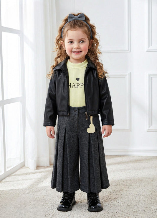 طقم للفتيات – 3 قطع جاكيت جلد كلاسيكي، كنزة ناعمة، وبنطال واسع