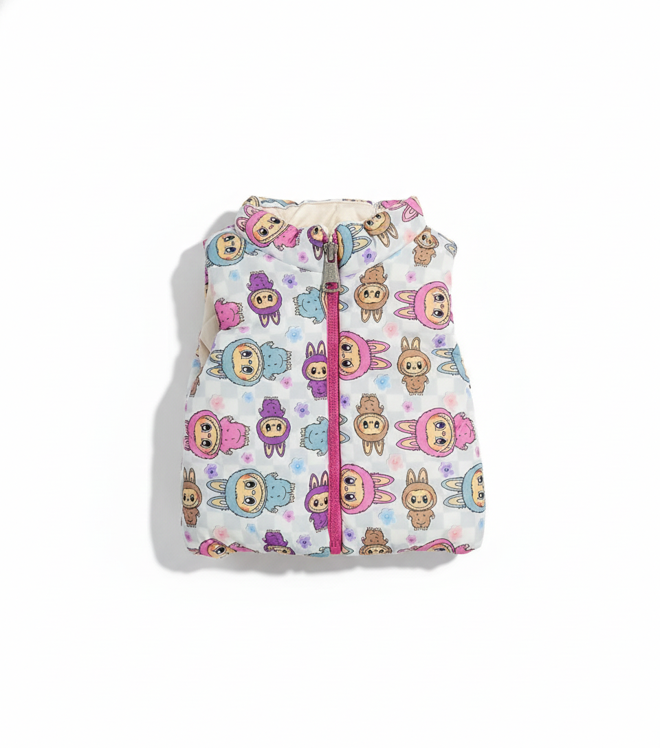 جاكيت نفخ للأطفال قابل للارتداء على الوجهين - من لون بيج سادة إلى رسوم كرتونية ملونة لشخصية لابوبو