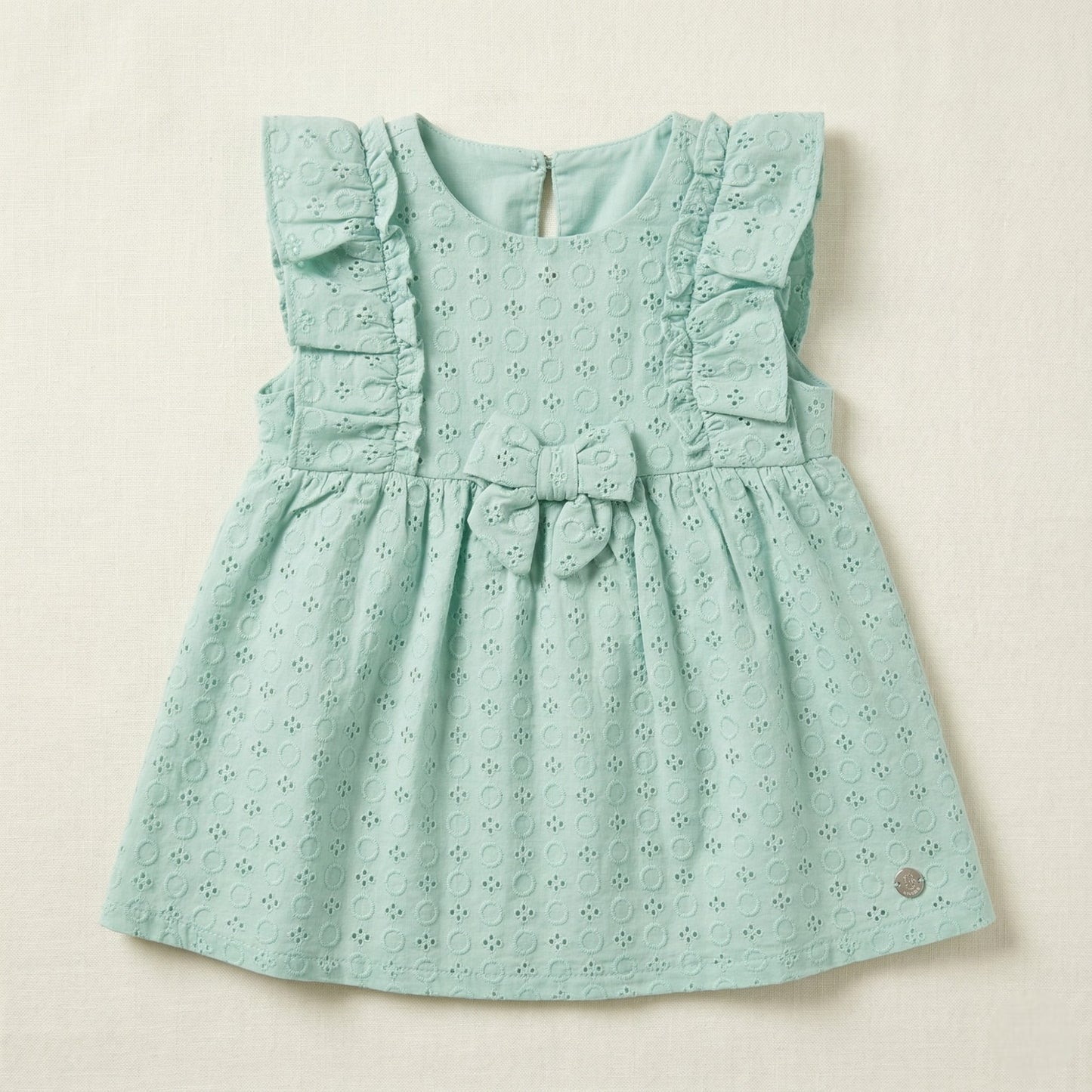 فستان أطفال قطن مطرز باللون الاخضر مع كشكشة وفيونكة