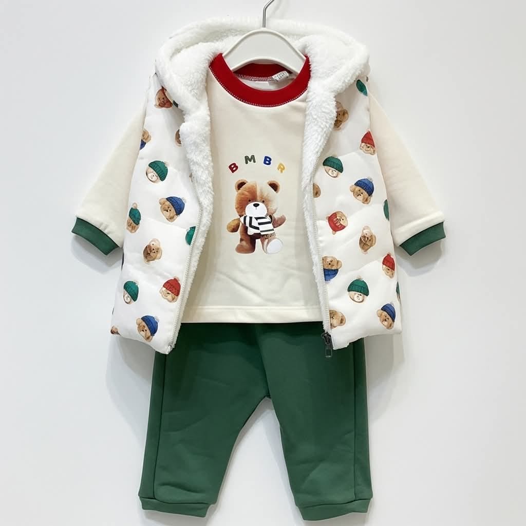 Cozy Bear & Beanie Print Baby Green Winter Set - 3-Piece Fleece Outfit