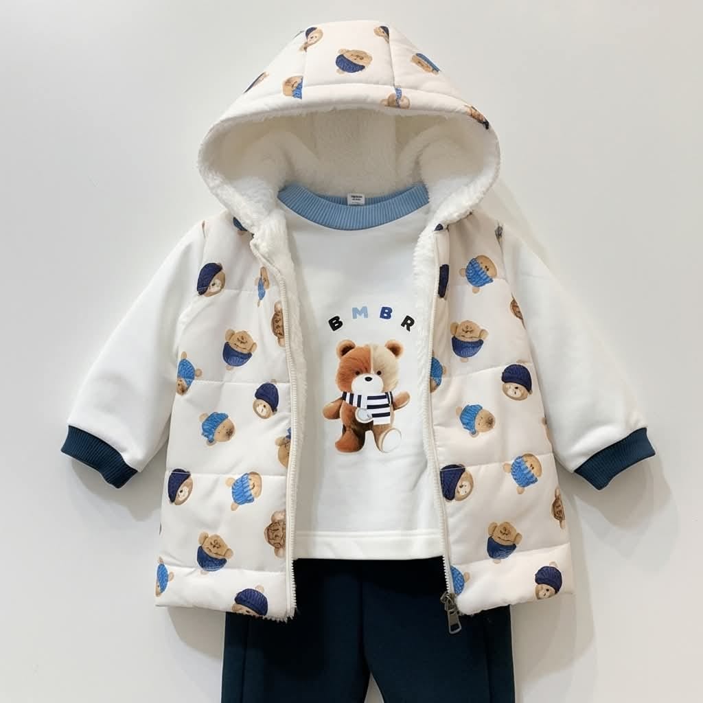 Cozy Bear & Beanie Print Baby Blue Winter Set - 3-Piece Fleece Outfit