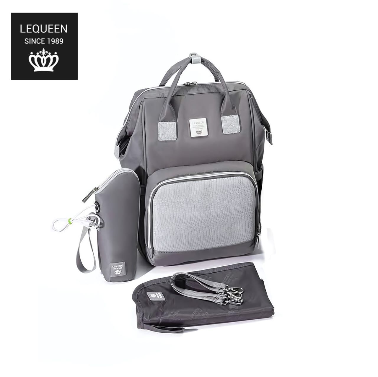 Lequeen Diamond 7TH Edition Waterproof Original mommy bag - الجيل السابع بلس الدايموند من ليكوين جلد طبيعي رصاصي image 0