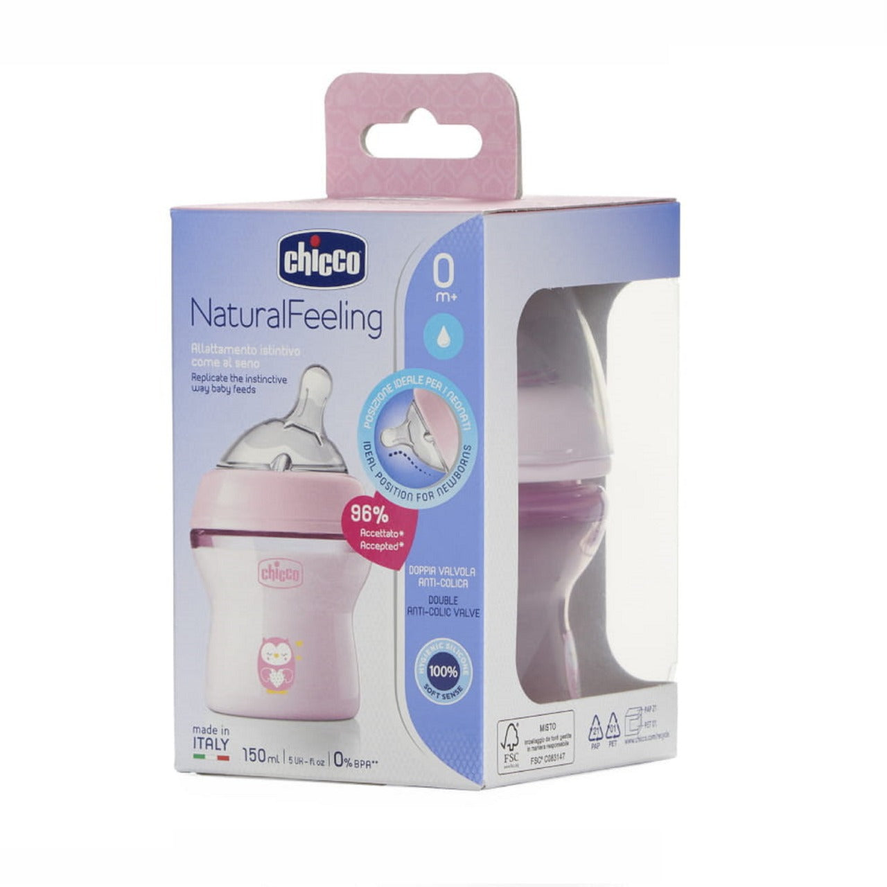 Chicco Natural Filling Plastic Bottle 150 Ml + 0 Month Rose Transparent image 2