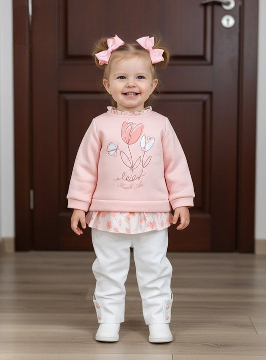 طقم بناتي - سويت شيرت وردي برسومات الزهور مع بنطلون أبيض