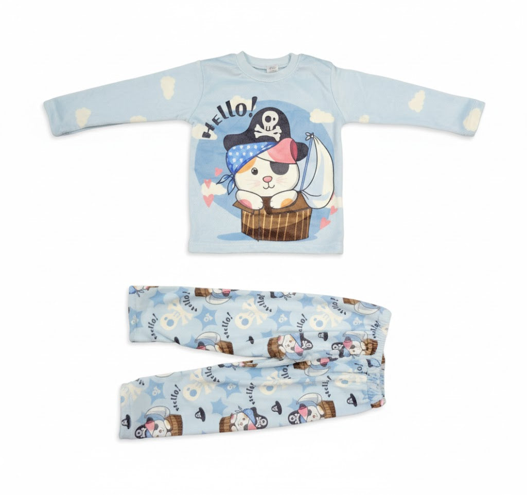 طقم ملابس مريحة "القط القرصان" باللون الأزرق السماوي الجذاب للأطفال