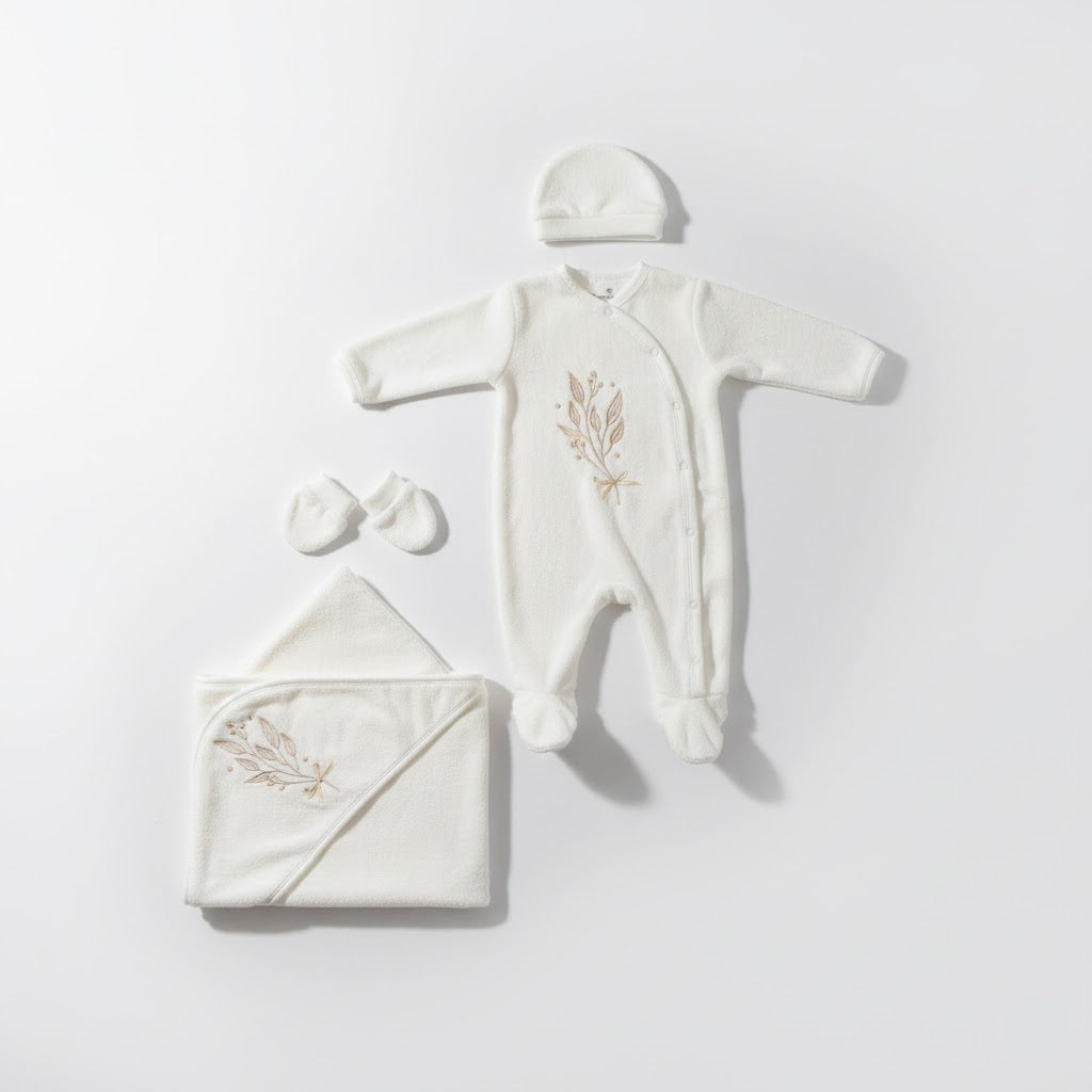 طقم ملابس مواليد قطني عضوي ناعم - لون كريمي