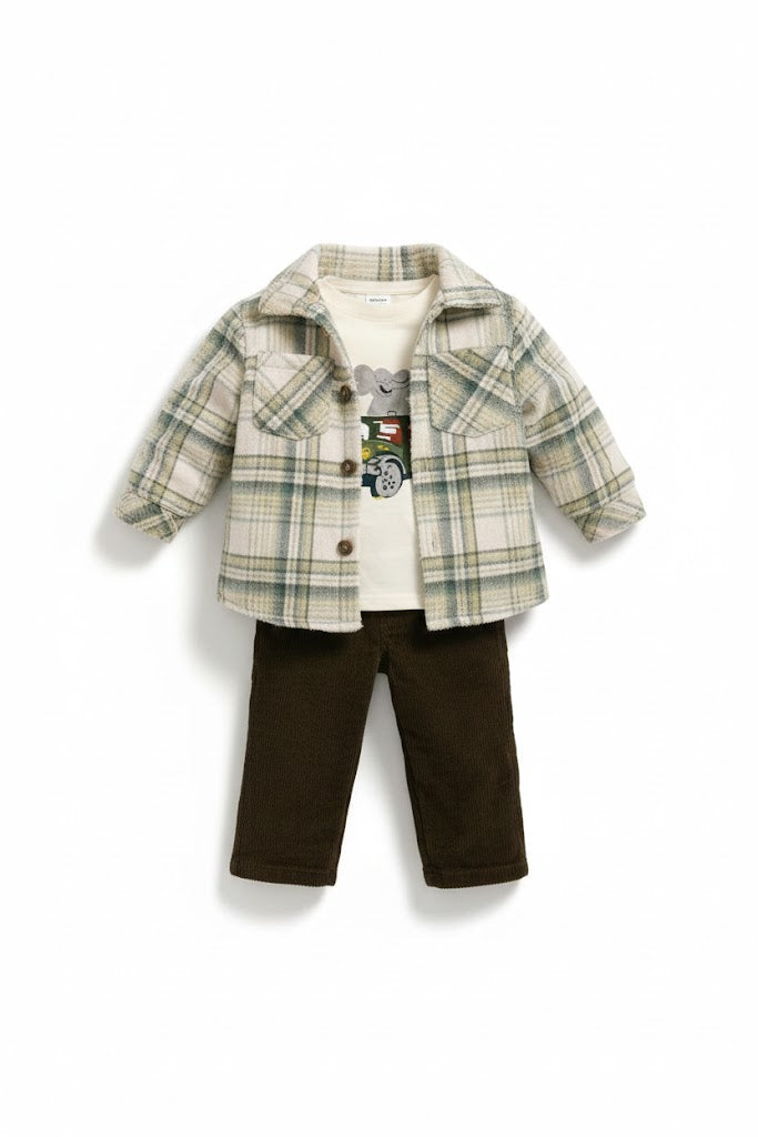 طقم شتوي أنيق بطبقات كاروهات ودافئ للأولاد الصغار