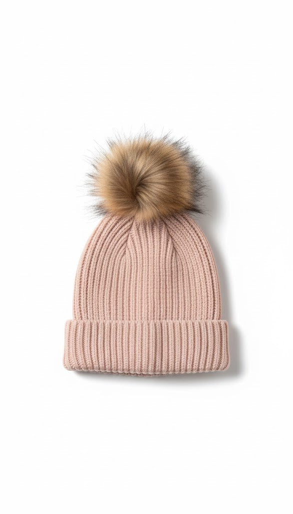 Pink Rib-Knit Baby Beanie with Faux Fur Pom-Pom