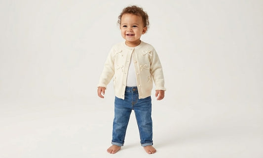 كارديجان للأطفال – سترة صوفية ناعمة بفيونكات ولون كريمي