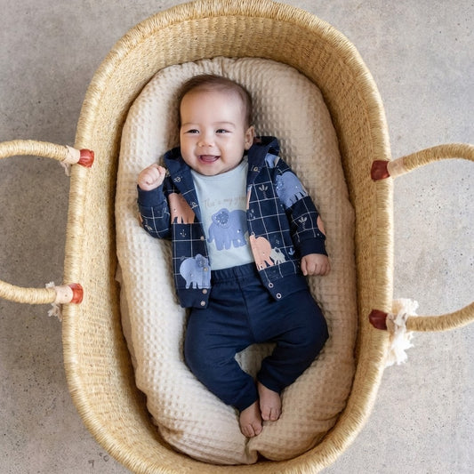 طقم للأطفال ٣ قطع - قطن بتصميم الفيل المرح (أزرق وكحلي)