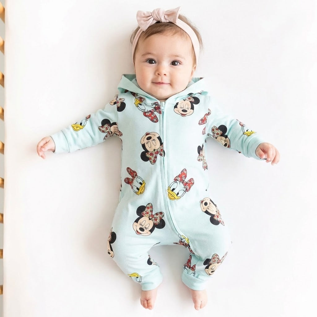 سالوبيت "ديزني" قطعة واحدة للرُضّع بغطاء للرأس نقشة ميني ماوس وديزي داك – لون سماوي