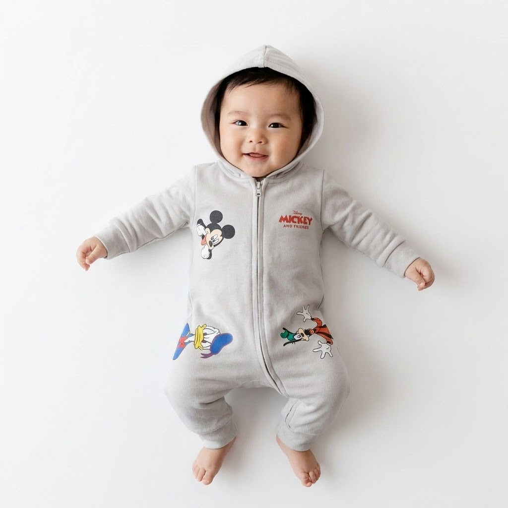 رومبر أطفال قطني بغطاء للرأس وسحاب أمامي - تصميم ميكي ماوس