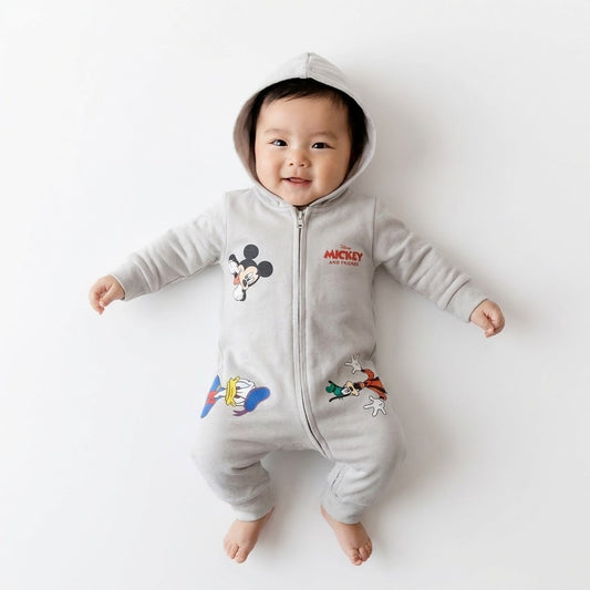 رومبر أطفال قطني بغطاء للرأس وسحاب أمامي - تصميم ميكي ماوس