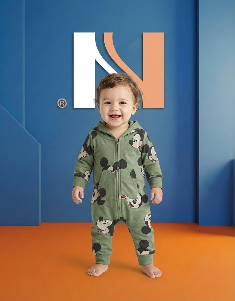 سالوبيت أطفال قطني مريح بطبعة "ميكي ماوس" وغطاء رأس - لون أخضر زيتوني