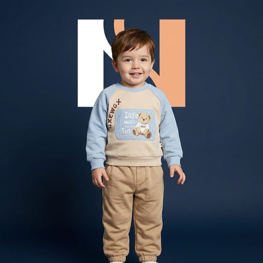 طقم أولادي شتوي قطعتين - سويت شيرت عصري بطبعة "الدب" مع بنطال مريح