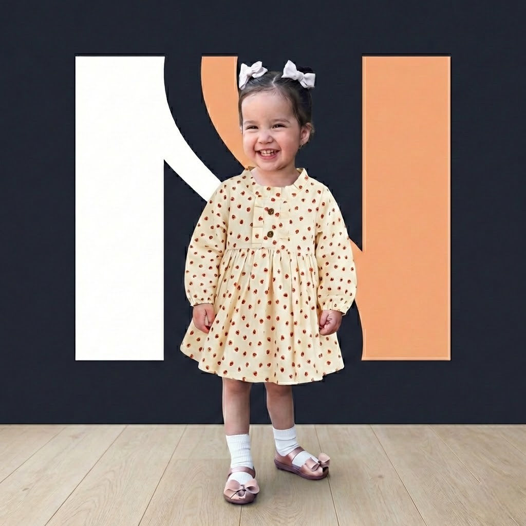 فستان أطفال "بيج" بطبعة الفراولة - تصميم قطني مريح وأنيق