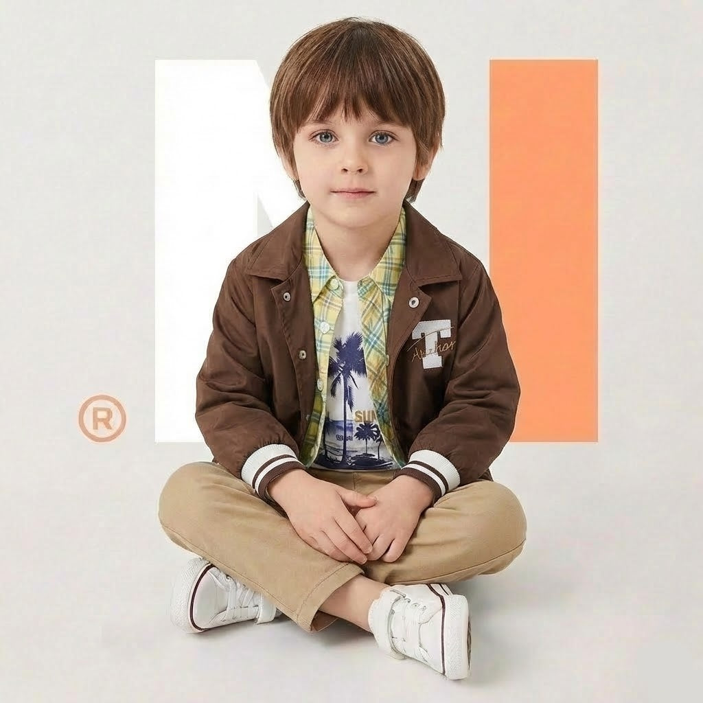 طقم أولادي عصري (4 قطع) - جاكيت كحلي رياضي مع قميص كاروهات وبنطال بيج و تيشيرت