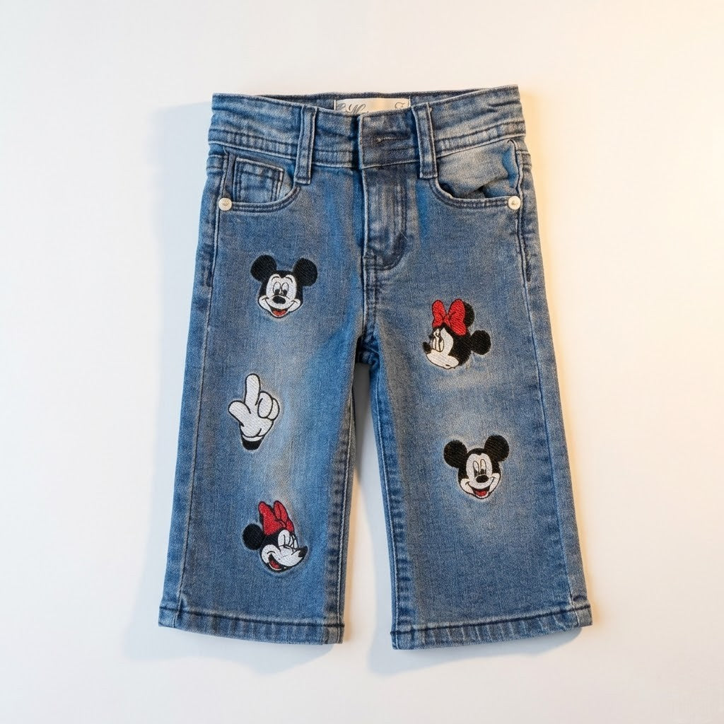 بنطال جينز للأطفال بتطريزات ميكي وميني ماوس