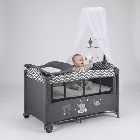 سرير وساحة لعب للأطفال من كيديلو (Kidilo) - متعدد الوظائف مع طاولة غيار وناموسية - موديل T-701L (رمادي غامق)