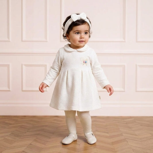 طقم فستان أبيض فاخر ابيض لرضع - ثلاث قطع أنيقة فستان و توكه وكلون