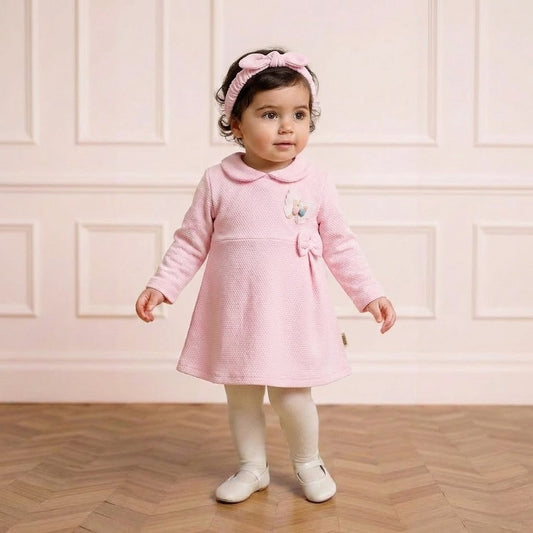 طقم فستان بينك فاخر بينك للرضع - ثلاث قطع أنيقة فستان و توكه وكلون