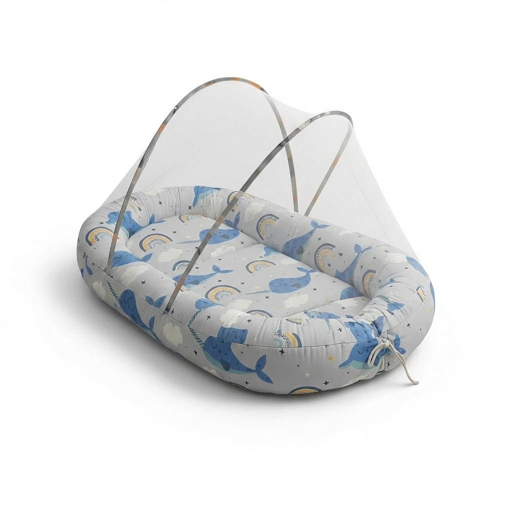 سرير بيبي نيست متنقل رصاصي - مع ناموسيه للحمايه