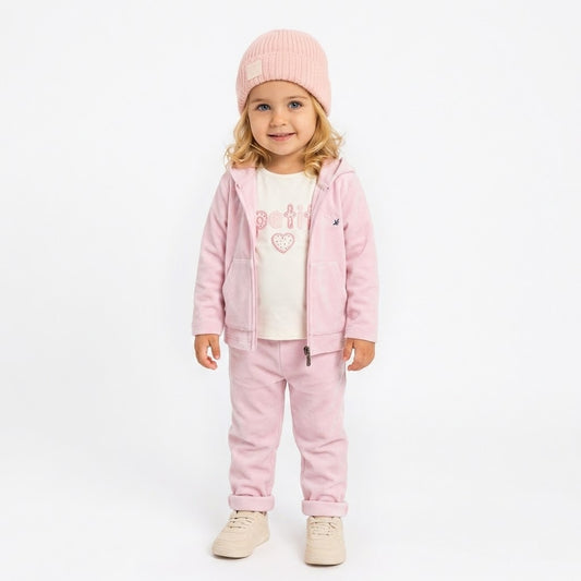 طقم أطفال "بيتي" ثلاثي القطع: سويت شيرت بغطاء رأس و شيرت وبنطال مريح باللون البينك