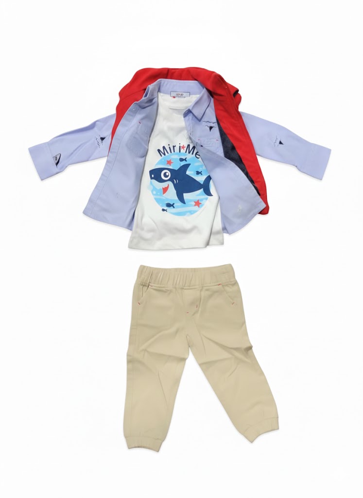 طقم ولادي قطني 4قطع - تصميم "القرش الصغير" مع سترة دافئة