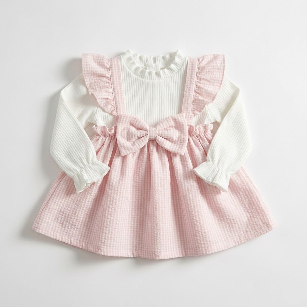 فستان بناتي رقيق بنقشة "الكاروهات" الوردية واللون الأبيض مع فيونكة كبيرة - تصميم كلاسيكي ناعم