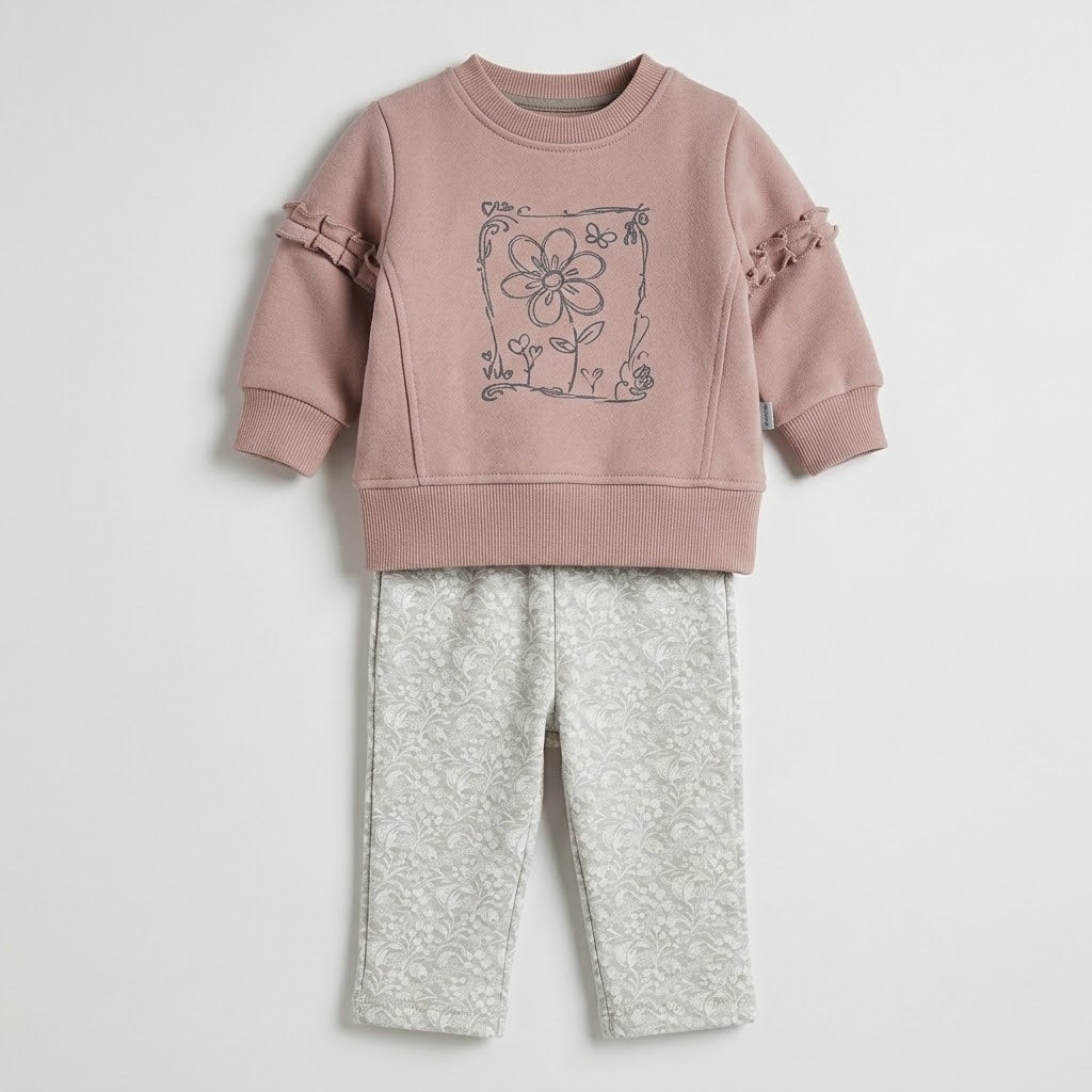 طقم بيجامه أطفال قطعتين: بلوزه وردية بكرانيش وبنطلون رمادي منقوش بالزهور.
