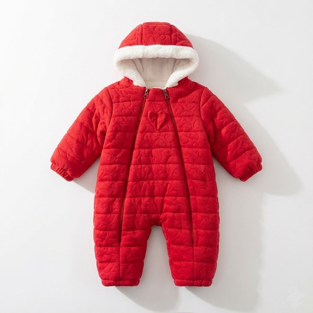 أفرول ثلج مبطن أحمر دافئ للأطفال مع غطاء رأس بفرو وتفاصيل قلب.