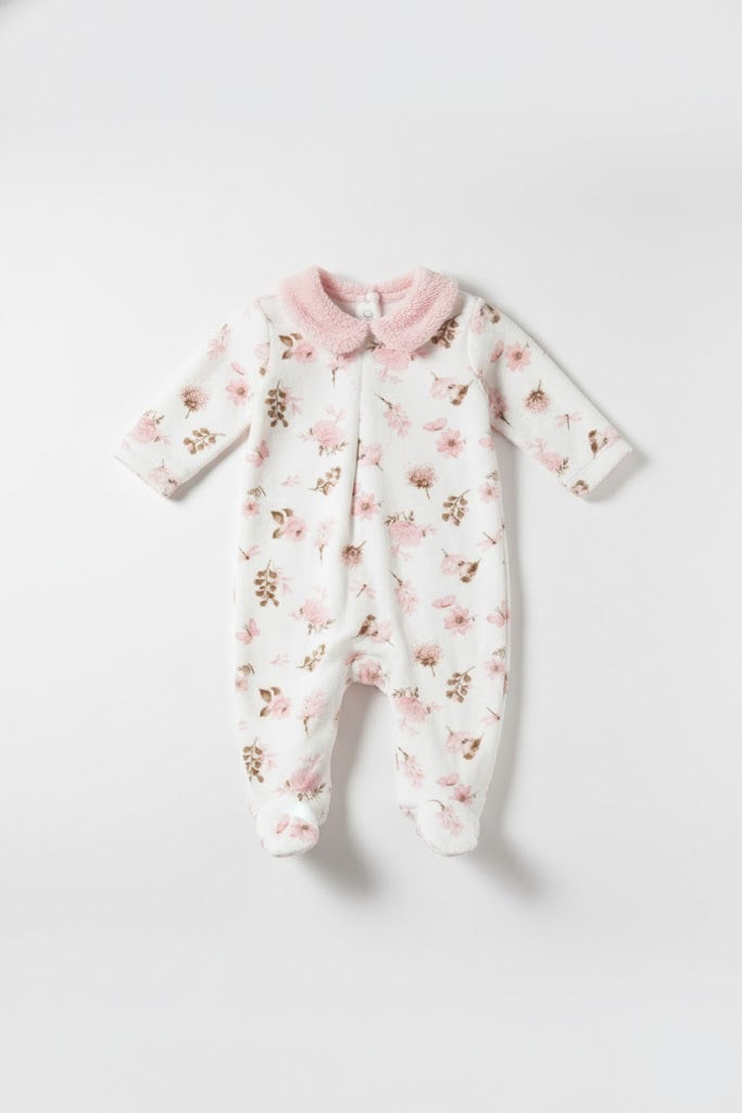 Cozy Plush Floral Footie Sleeper with Sherpa Collar