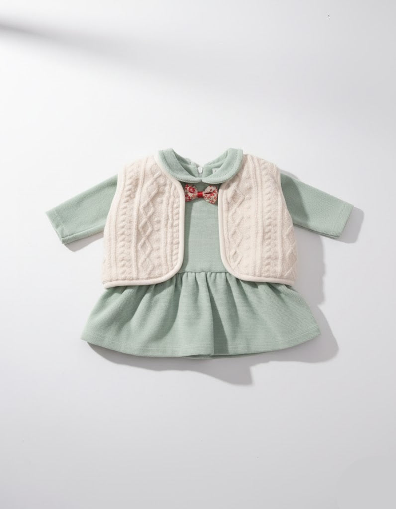 Baby Girl's Green Dress and Cream Vest Outfit