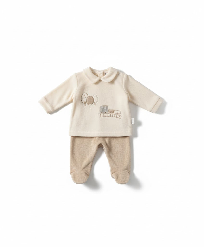 Cozy Beige Baby Footed Set with Embroidered Animals