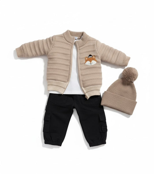 Fox Baby Knit Cardigan Outfit Set | Black Cargo Pants White Tee & Pom-Pom Beanie | Spring/Fall Wear