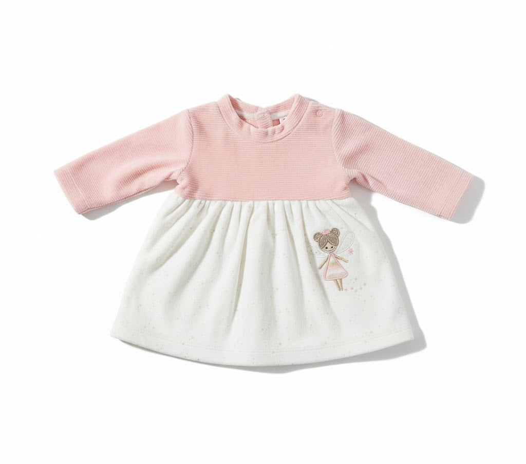 فستان طفلة ساحر باللونين الوردي والأبيض مع تطريز خيالي