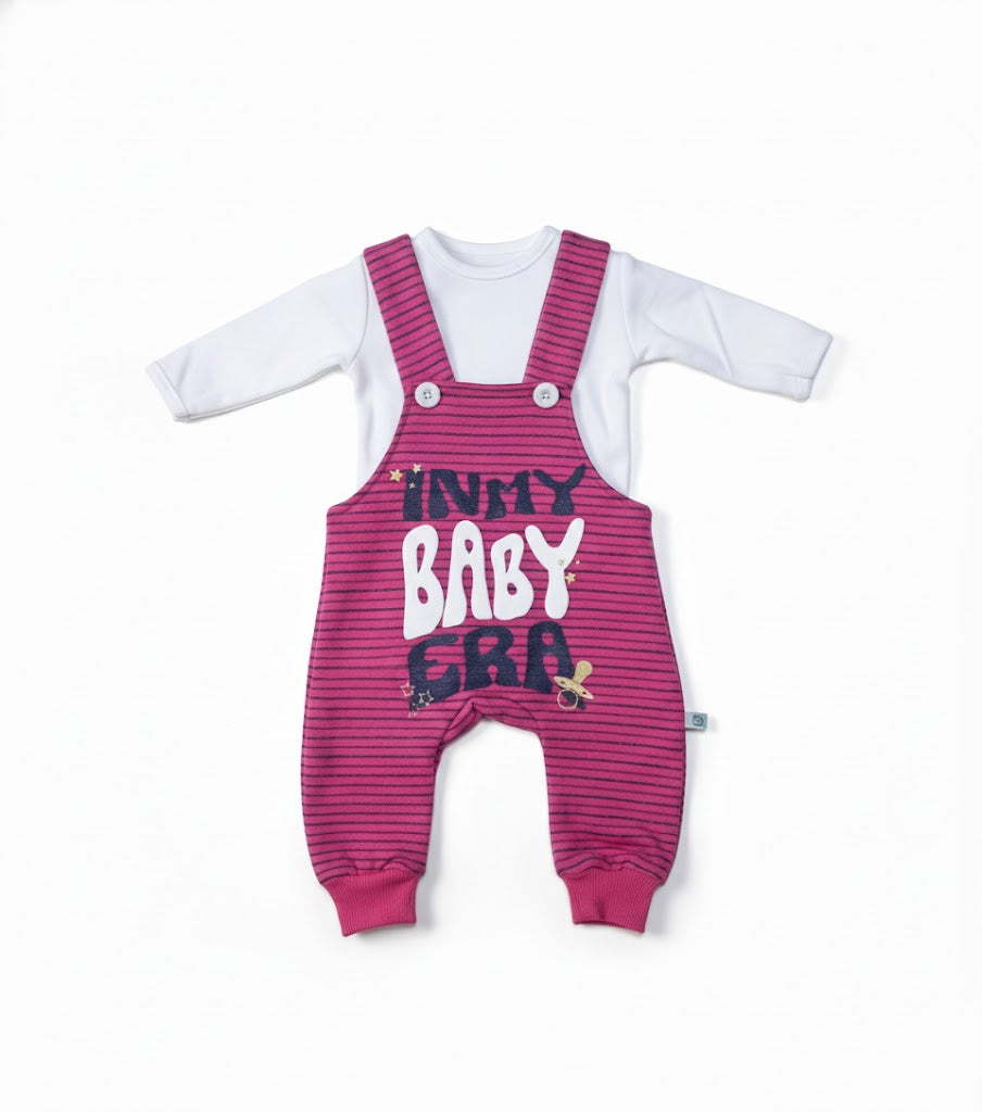 طقم "في عهد طفلي" - سالوبيت وردي مخطط مع بودي سوت أبيض