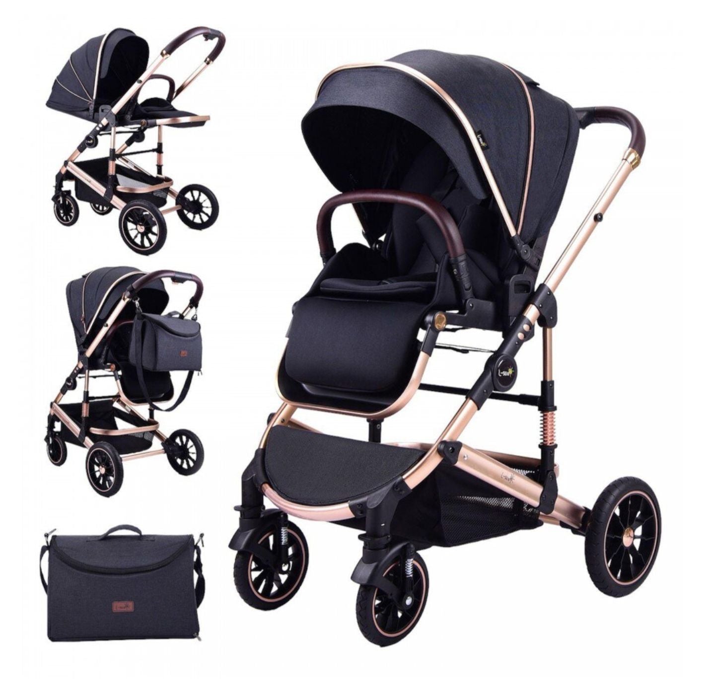 عربة أطفال فاخرة متعددة الوظائف بنظام امتصاص للصدمات – إطار ذهبي