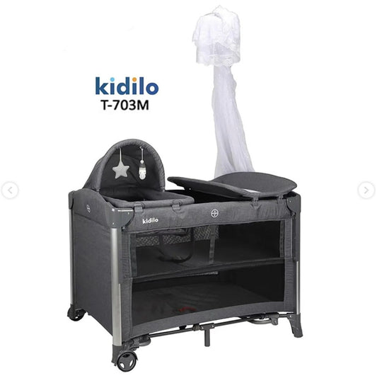 سرير ومنطقة لعب كيديلو T-703M المتعدد الوظائف للأطفال - سرير جانبي، طاولة تغيير، ونظام تنقل متكامل (رمادي فاخر)