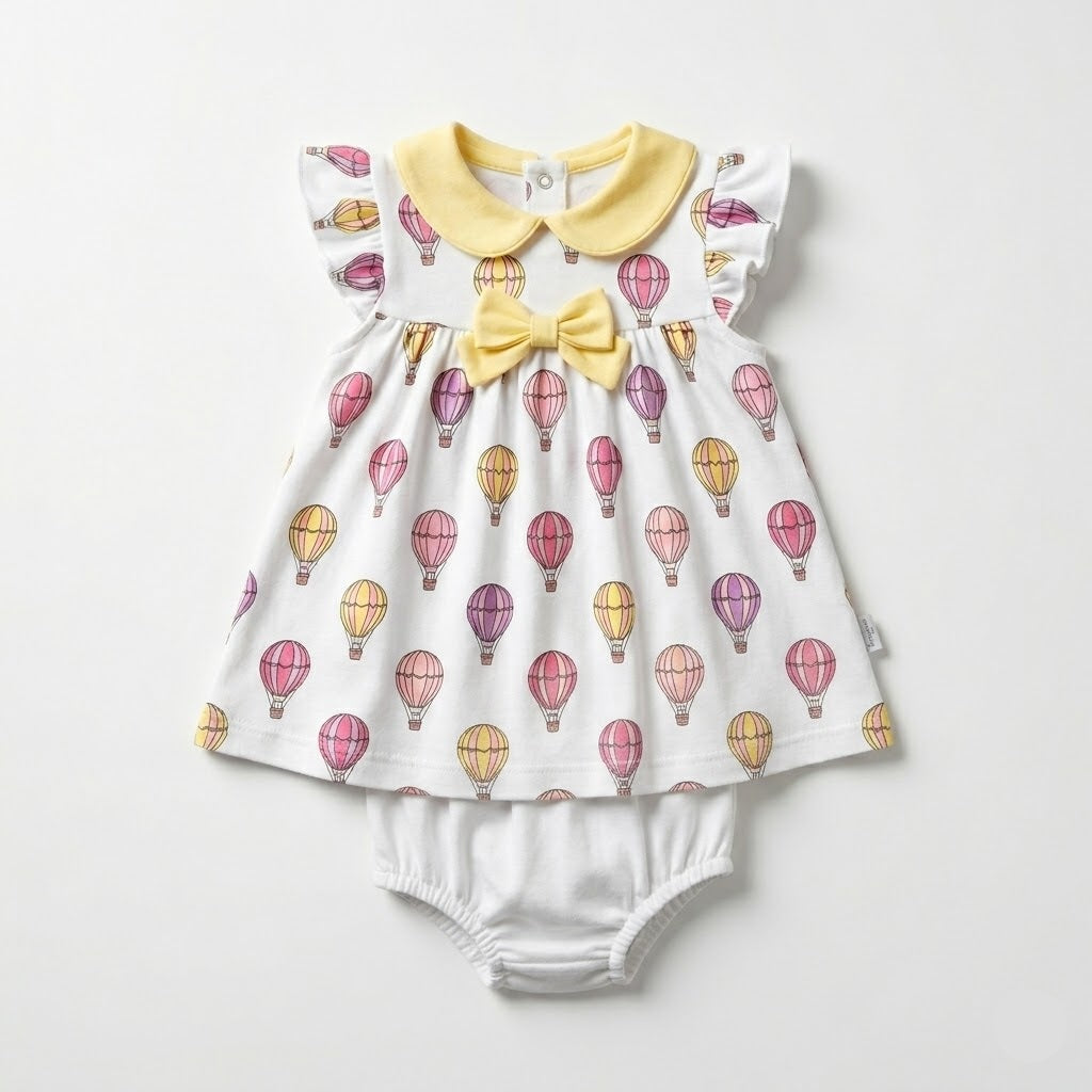 فستان قطن طلس ابيض و اندر منطاد اصفر