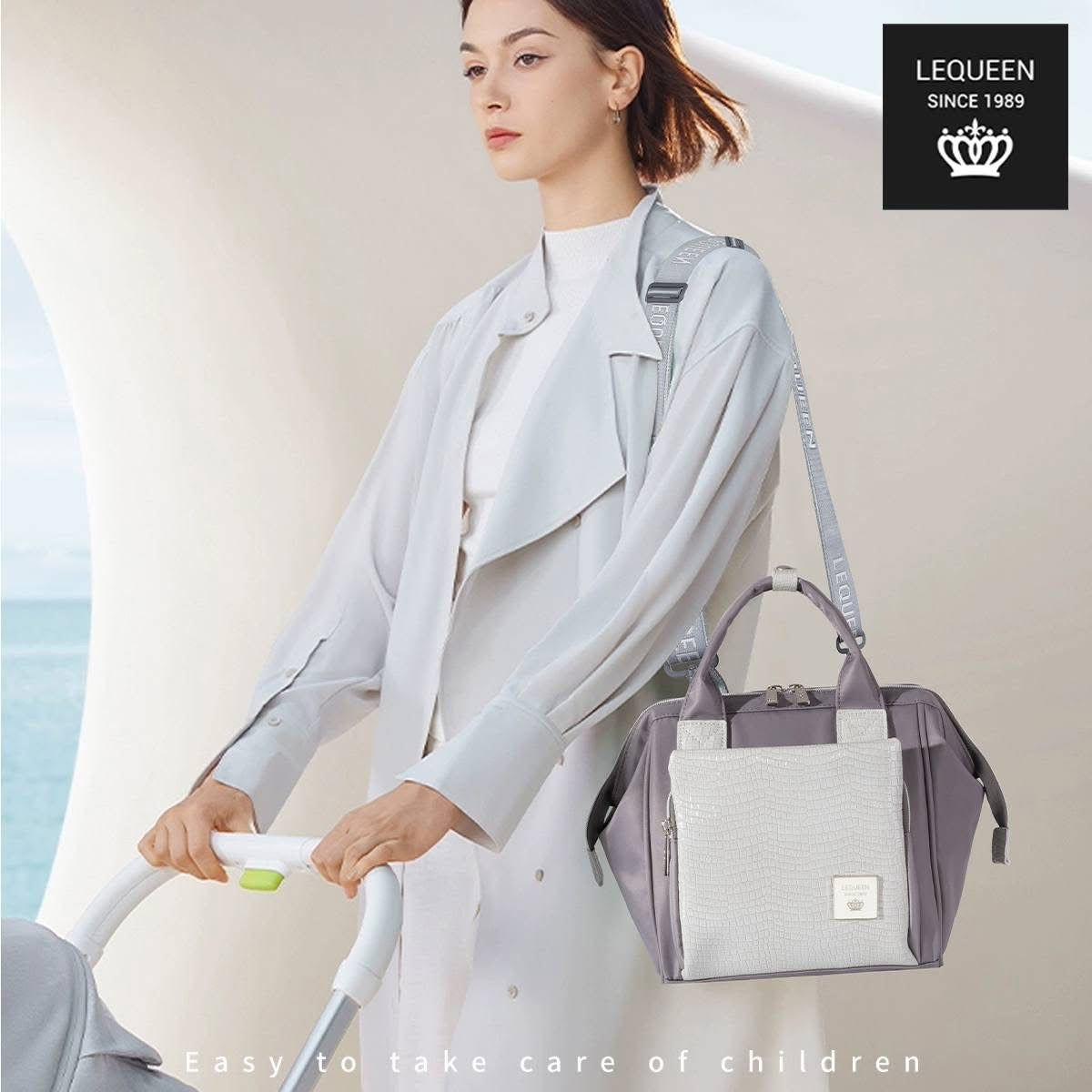 Lequeen Diamond 7TH Edition Waterproof Original mommy bag - الجيل السابع الدايموند من ليكوين جلد طبيعي رصاصي image 10