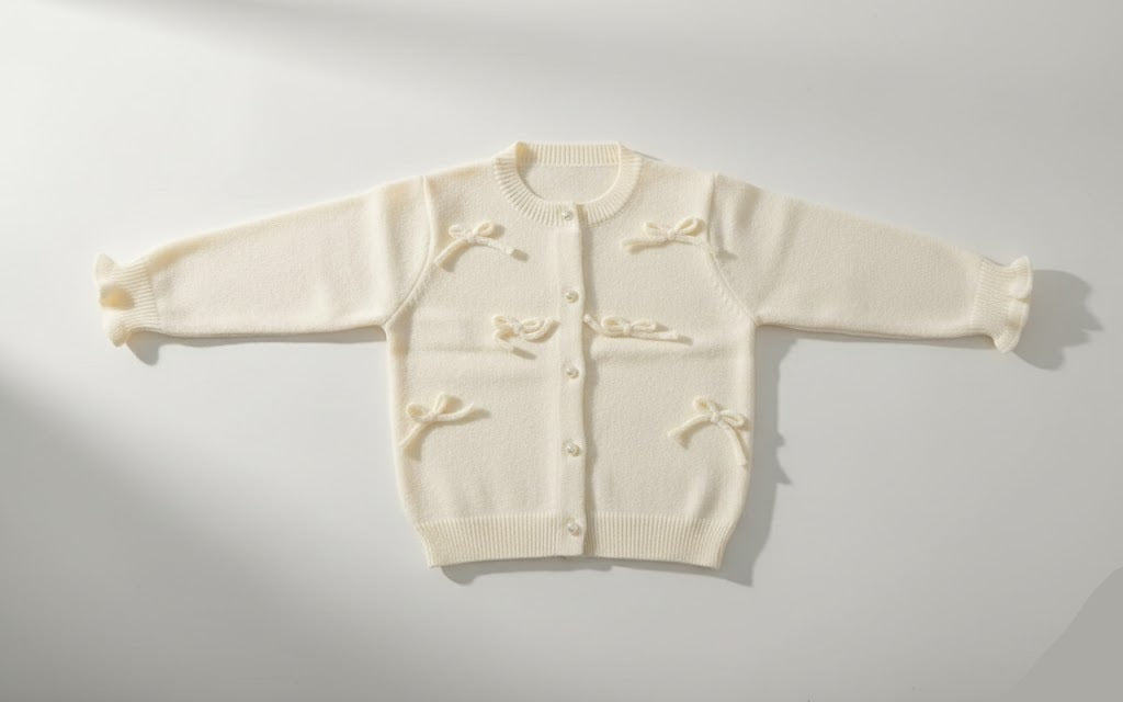 كارديجان للأطفال – سترة صوفية ناعمة بفيونكات ولون كريمي
