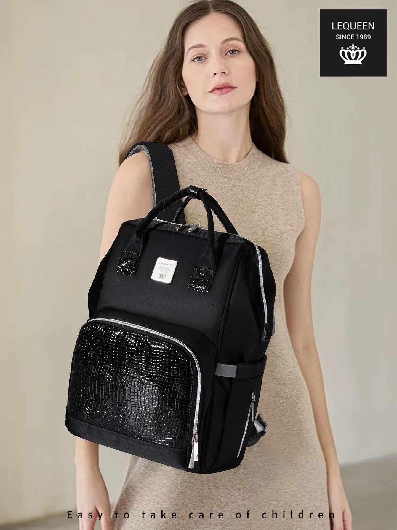 Lequeen Diamond 7TH Edition Waterproof Original mommy bag - الجيل السابع بلس الدايموند من ليكوين جلد طبيعي كحلي image 3