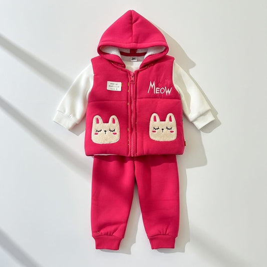 "Meow" Kitty Baby Padded Vest Outfit Set | Hooded Vest, White Long-Sleeve & Joggers | Winter/Fall Warmth